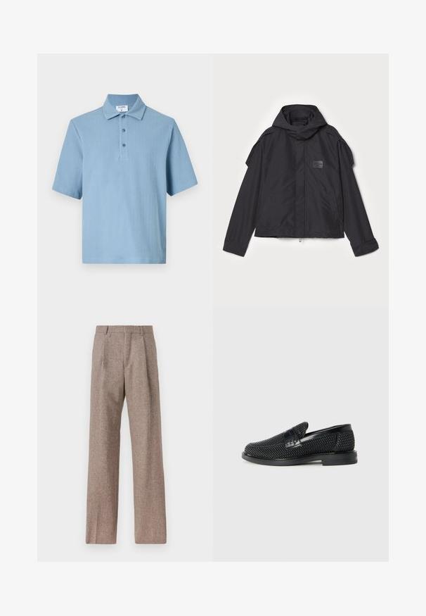 Čierna bunda s kapucňou, vyrobená z hladkej tkaniny. Obsahuje predný zips, bočné vrecká a ramenné akcenty. Jednoduchý dizajn so štítkom.; Svetlomodrá polo košeľa s krátkym rukávom vyrobená z textúrovaného materiálu. Má klasický golier a zapínanie na tri gombíky.; Hnedé, vysoké nohavice vyrobené z texturovanej látky. Majú široké nohavice a dva predné záhyby pre štruktúru. Úhľadné spracovanie bez viditeľného kovania.; Čierne tkané slip-on topánky s hladkým koženým akcentom na vrchnej časti, s okrúlym dizajnom špičky a nízkoprofilovou gumovou podrážkou.