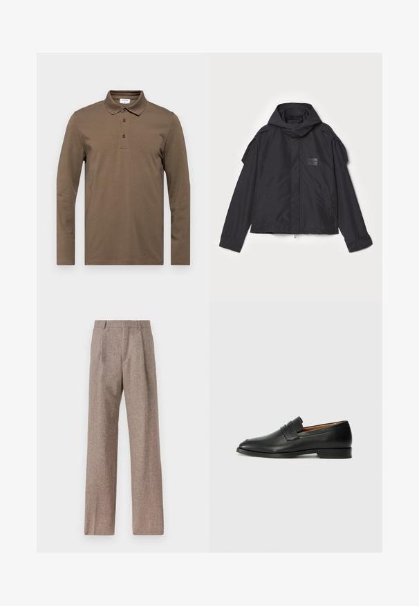 Jachetă neagră cu glugă, fabricată dintr-un material neted. Dispune de fermoar frontal, buzunare laterale și accente pe umeri. Design simplu cu etichetă.; Cămașă polo cu mânecă lungă, de culoare maro, realizată dintr-un material moale, având un guler clasic, o deschidere cu trei butoane și detalii de cusătură discrete.; Pantaloni bej, cu talie înaltă, dintr-un material texturat. Prezintă picioare late și două pliseuri frontale pentru structură. Finisaj îngrijit, fără accesorii vizibile.; Lofer din piele neagră, cu vârf rotund, detalii cusute subtile și toc jos, având o textură netedă și un design minimalist.