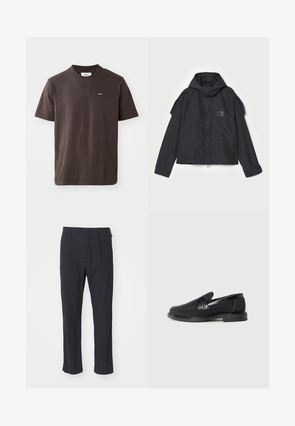 Giacca nera con cappuccio, realizzata in tessuto liscio. Presenta una chiusura frontale con zip, tasche laterali e dettagli sulle spalle. Design semplice con un'etichetta.; T-shirt in cotone marrone con colletto rotondo a coste. Presenta un piccolo logo bianco sul lato sinistro del petto. Maniche corte e orlo dritto.; Pantaloni neri plissettati con tessuto testurizzato, caratterizzati da un design a gamba dritta e una vita standard. Senza tasche visibili o componenti metallici.; Scarpa nera a mocassino intrecciata con un accentuato in pelle liscia sulla parte superiore, design a punta rotonda e suola in gomma a profilo basso.