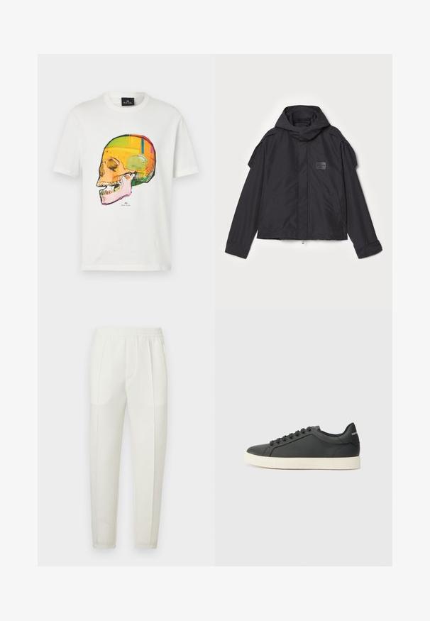 Juodas švarkas su kapišonu, pagamintas iš lygios medžiagos. Yra užtrauktukas priekyje, šoninės kišenės ir pečių akcentai. Paprastas dizainas su etikete.; Balta medvilninė marškinėlių su spalvinga kaukolės grafika geltonos, oranžinės ir rožinės spalvų atspalviuose. Etiketė ant kaklo rašo "Paul Smith."; Balti siauro fasono kelnės su elastiniu liemeniu, turinčios dvi šonines kišenes ir lygią, šiek tiek blizgią tekstūrą.; Juodos odinės sportinės bateliai su žemu profiliu, apvaliu pirštu ir raištelių uždarymu; turi tekstūruotą guminį padą ir logotipo detalę ant kulno.