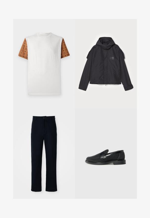 Musthaveheide mustaghuri hoodiga, valge catsosta. Omab esist zip ja külge taskud, õlavarre aksendid. Lihtne disain ja silt.; Lühikeste varrukatega T-särk, millel on valge keha ja mustriga pruunid varrukad, kus on korduv must kujundus. Üksikasjalik logo rinna peal.; Tumed sinelased püksid puuvillast, sirge lõikega, eesnupu sulgemisega ning klassikalise vöökohaga, kus on vööaasad.; Must musta kootud slip-on king, millel on pehme nahast accent ülaserval, ümmargune varvas ja madal profiiliga kummitald.