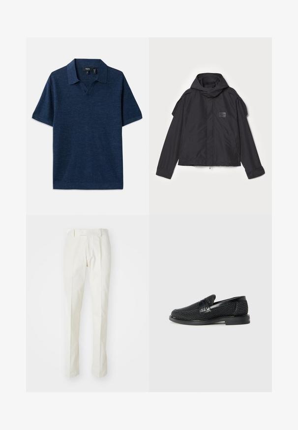 Melna jaka ar kapuci, izgatavota no gludas auduma. Aprīkota ar rāvējslēdzēju priekšā, sānu kabatām un plecu akcentiem. Vienkāršs dizains ar etiķeti.; Tumši zila polo krekla ar īsām piedurknēm, V veida dekoltē, teksturēta auduma un plakanu apkakli. Uz auduma redzams smalks raksts.; Baltas kokvilnas bikses ar taisnu kāju dizainu, plakanu priekšpusi un bez redzamām rakstu vai aprīkojuma detaļām. Gluda tekstūra.; Melnas austas slaidu kurpes ar gludu ādas akcentu augšpusē, apaļas formas purngalu un zemas profila gumijas zoli.