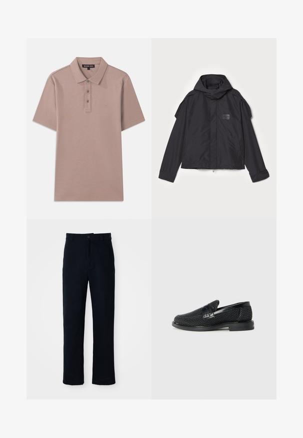 Juodas švarkas su kapišonu, pagamintas iš lygios medžiagos. Yra užtrauktukas priekyje, šoninės kišenės ir pečių akcentai. Paprastas dizainas su etikete.; Šviesiai rudos spalvos polo marškiniai su trumpomis rankovėmis, trijų mygtukų užsegimu ir siuvinėtu "MK" logotipu ant krūtinės. Sklandi tekstūra.; Tamsiai mėlynos medvilninės kelnės, turinčios tiesioginį kirpimą, priekyje užsegamos mygtuku ir klasikine juosta su dirželio kilpom.; Juodas pintas slip-on tipo batelis su lygiu odiniu akcentu viršuje, apvalios nosies dizainas ir žemas guminis padas.