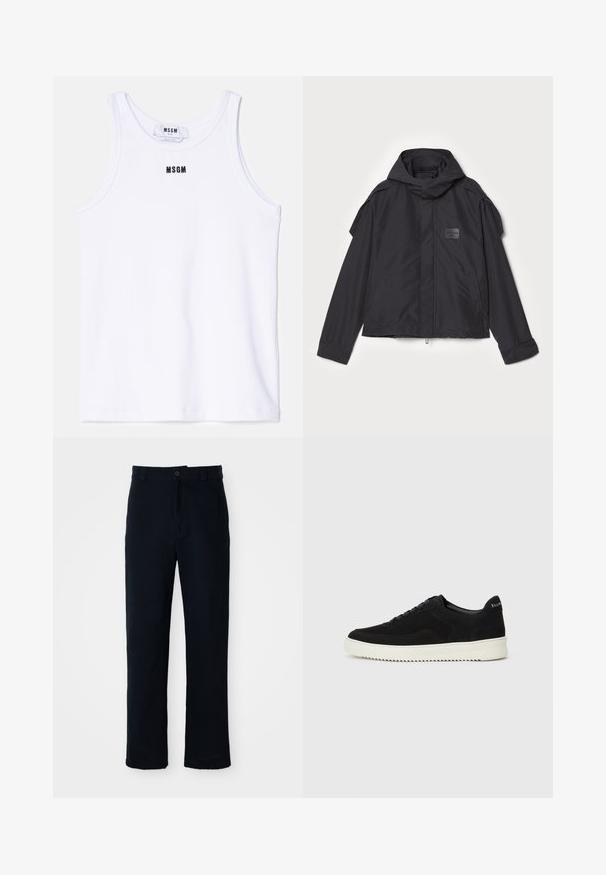 Sort jakke med hætte, lavet af glat stof. Har lynlåslukning foran, sidelommer og skulderdetaljer. Simpel design med et mærke.; Hvid bomulds tanktop med ribbet tekstur, der har et sort broderet logo "MSGM" centreret på brystet. Enkel, ren design.; Mørkeblå bukser lavet af bomuld, med en lige ben-design, en frontknaplukning og en klassisk talje med bæltestropper.; Sort ruskinds sneaker med snørebånd og kontrasterende hvid gummisål. Har teksturerede sidepaneler og diskret branding på hælen.