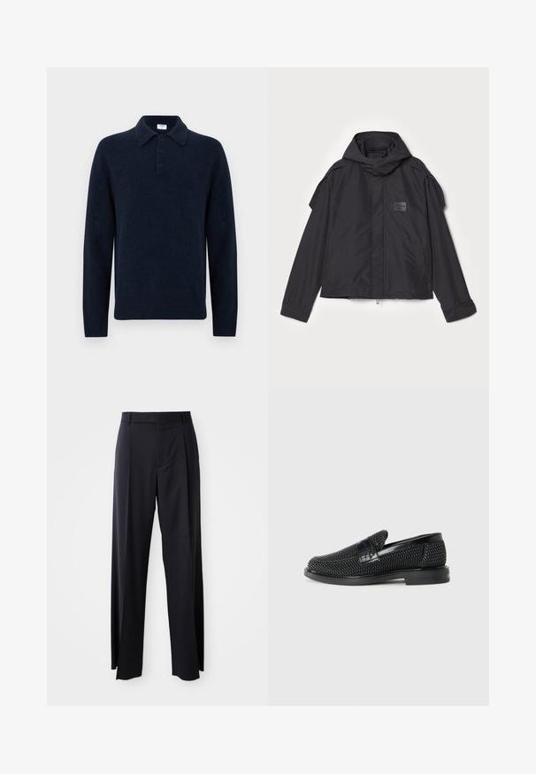 Black jacket with a hood, made of smooth fabric. Features a zip front, side pockets, and shoulder accents. Simple design with a label.; Navy blue long-sleeve knit polo sweater with three buttons and a folded collar, displayed on a white background.; Black, high-waisted trousers with a wide-leg cut, made of smooth fabric. Features front pleats and belt loops. Minimalistic design, no visible hardware.; Black woven slip-on shoe with a smooth leather accent on the upper, a round toe design, and a low-profile rubber sole.