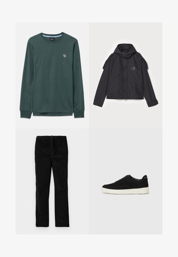 Black jacket with a hood, made of smooth fabric. Features a zip front, side pockets, and shoulder accents. Simple design with a label.; Long-sleeve dark green crew neck shirt with a small multicolored zebra logo on the left chest and ribbed cuffs.; Black straight-leg velvet pants with elastic waistband and front drawstring, displayed against a plain white background.; Black suede sneaker with lace-up design and contrasting white rubber sole. Features textured side panels and subtle branding on the heel.