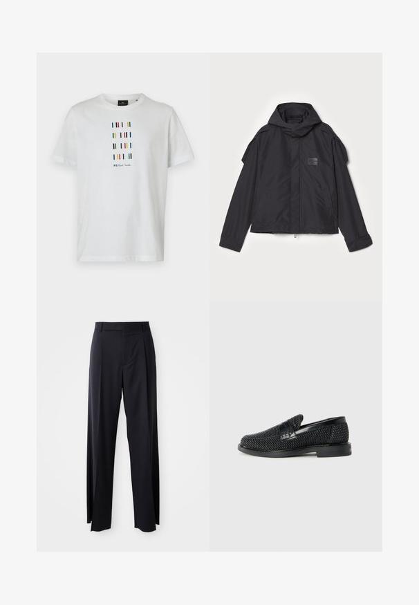 Sort jakke med hætte, lavet af glat stof. Har lynlåslukning foran, sidelommer og skulderdetaljer. Simpel design med et mærke.; Hvid bomulds T-shirt med flerfarvede lodrette striber og teksten "PS Paul Smith" trykt i sort, rund halsudskæring, korte ærmer.; Sorte, højtaljede bukser med vide ben, lavet af glat stof. Har frontfolder og bæltestropper. Minimalistisk design, ingen synlige hårde detaljer.; Sort vævet slip-on sko med en glat læderdetalje på overdelen, en rund tådesign og en lavprofil gummisål.