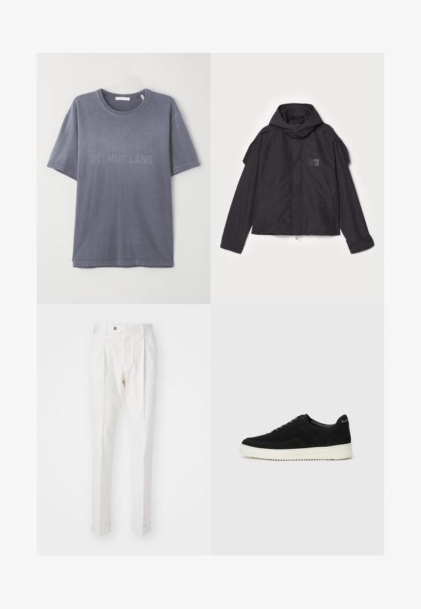 Czarna kurtka z kapturem, wykonana z gładkiego materiału. Posiada zamek z przodu, boczne kieszenie i akcenty na ramionach. Prosty design z metką.; Szara bawełniana koszulka z krótkim rękawem, okrągłym dekoltem, z wytłoczonym logo "HELMUT LANG" na przodzie. Miękka tekstura, luźny krój.; Białe, dopasowane spodnie z płaskim przodem, dwoma zaszewkami i podwiniętymi mankietami. Wykonane z gładkiego materiału z zapięciem na guzik w talii.; Czarne zamszowe sneakersy z designem na sznurówki i kontrastującą białą gumową podeszwą. Posiadają teksturowane boczne panele oraz subtelne logo na pięcie.