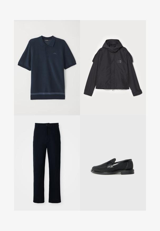 Fekete kapucnis dzseki, sima anyagból készült. Elöl zipzárral záródik, oldalsó zsebekkel és vállrész kiemelésekkel rendelkezik. Egyszerű dizájn jellemzi, címkével.; Sötétkék pólóing, textúrált szövettel, rövid ujjakkal, gombos kivágással és egy diszkrét logóval a mellrészen. Az alján kontrasztos díszítéssel rendelkezik.; Sötétkék pamut nadrág, egyenes szárú fazonnal, elülső gombos záródással és klasszikus derékkal, övhurkokkal.; Fekete szőtt slip-on cipő sima bőr díszítéssel a felsőrészen, kerek orral és alacsony profilos gumitalppal.
