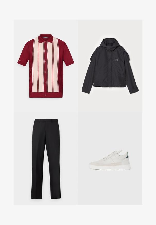 Černá bunda s kapucí, vyrobená z hladké tkaniny. Obsahuje zapínání na zip vpředu, boční kapsy a akcenty na ramenou. Jednoduchý design s štítkem.; Košile s krátkým rukávem, na knoflíky, s červenými a světle béžovými svislými pruhy a červeným límečkem, vystavená na bílém pozadí.; Černé kalhoty s rovnými nohavicemi vyrobené z hladké látky. Mají standardní pas a žádné viditelné vzory či zdobení.; Bílé kožené tenisky s šedými semišovými akcenty, šněrovací design, poutko a texturovaná gumová podrážka s cik-cak vzorem.