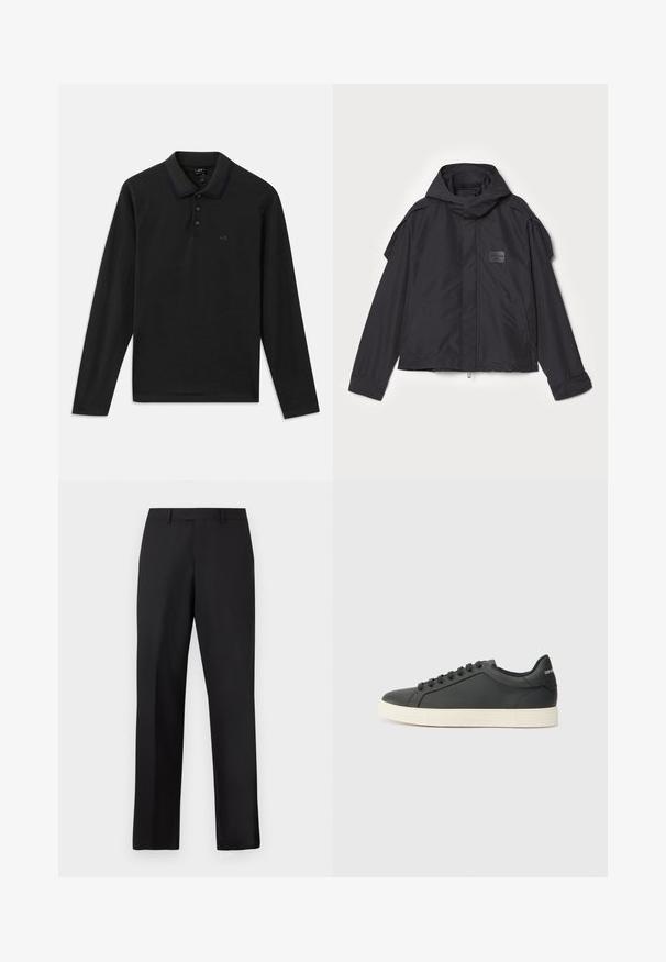 Black jacket with a hood, made of smooth fabric. Features a zip front, side pockets, and shoulder accents. Simple design with a label.; Black long-sleeve polo shirt with a ribbed collar, featuring a three-button placket and subtle logo on the chest. Soft cotton material.; Black, straight-leg trousers made of smooth fabric. Features a standard waistband and no visible patterns or accents.; Black leather sneaker with a low profile, rounded toe, and lace-up closure; features a textured rubber sole and logo detail on the heel.
