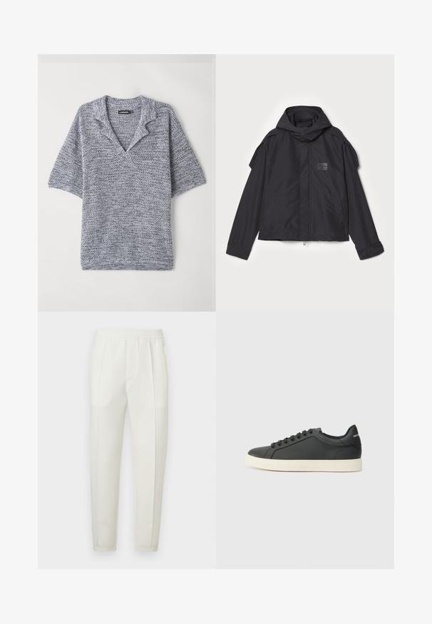 Czarna kurtka z kapturem, wykonana z gładkiego materiału. Posiada zamek z przodu, boczne kieszenie i akcenty na ramionach. Prosty design z metką.; Krótki rękaw sweter w teksturowanym dzianinie, z dekoltem w kształcie litery V, w szaro-niebieskim kolorze z delikatnym wzorem. Miękki, lekki materiał.; Białe, dopasowane spodnie z elastycznym pasem, wyposażone w dwie boczne kieszenie oraz gładką, lekko błyszczącą fakturę.; Czarne skórzane trampki o niskim profilu, z zaokrąglonym noskiem i sznurowanym zapięciem; posiadają teksturowaną gumową podeszwę oraz detal z logo na pięcie.