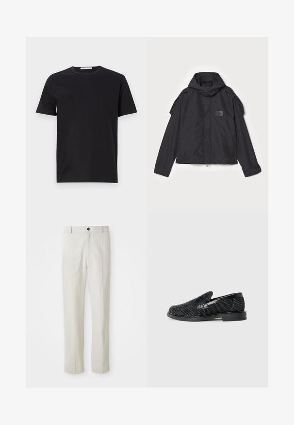 Černá bunda s kapucí, vyrobená z hladké tkaniny. Obsahuje zapínání na zip vpředu, boční kapsy a akcenty na ramenou. Jednoduchý design s štítkem.; Černé bavlněné tričko s kulatým výstřihem, krátkými rukávy a hladkou texturou. Na výstřihu se nachází viditelná značka.; Krémové kalhoty rovného střihu s poutky na opasek, předním knoflíkem a zipem, vystavené na bílém pozadí.; Černé pletené nazouvací boty s hladkým koženým akcentem na svršku, kulatou špičkou a nízkoprofilovou gumovou podrážkou.