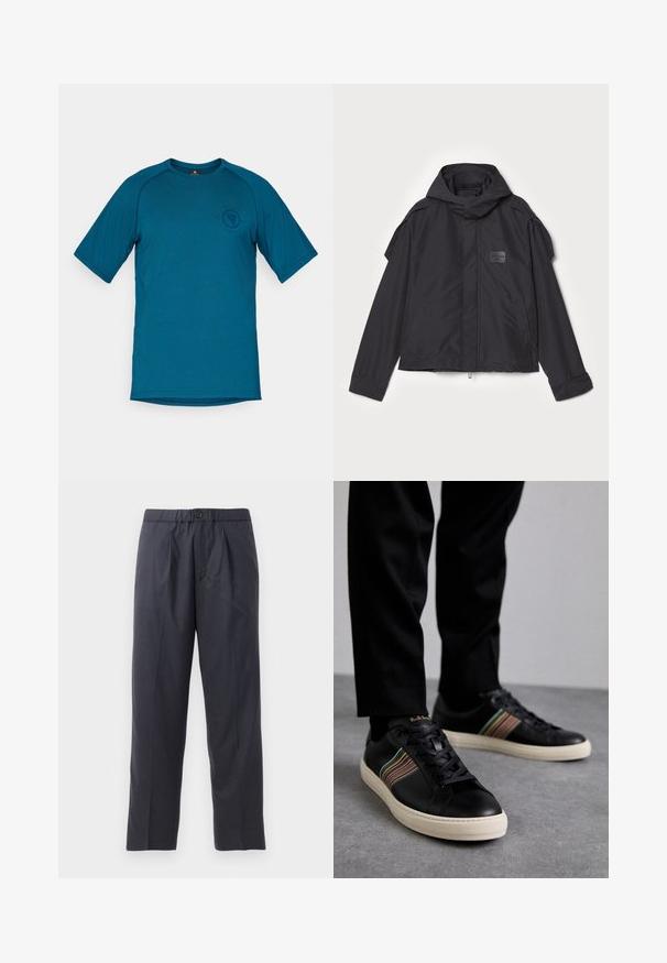 Giacca nera con cappuccio, realizzata in tessuto liscio. Presenta una chiusura frontale con zip, tasche laterali e dettagli sulle spalle. Design semplice con un'etichetta.; T-shirt verde acqua a maniche corte realizzata in tessuto liscio. Presenta un collo rotondo e un logo nell'area del petto sinistro. Design complessivamente semplice.; Pantaloni scuri in navy realizzati in tessuto morbido, con design a pieghe frontali e vita elastica. Presentano una chiusura con bottone e un taglio dritto.; Sneaker in pelle nera con accenti a strisce multicolori, punta rotonda e suole in gomma bianca, dotate di chiusura con lacci e marchio in rilievo.