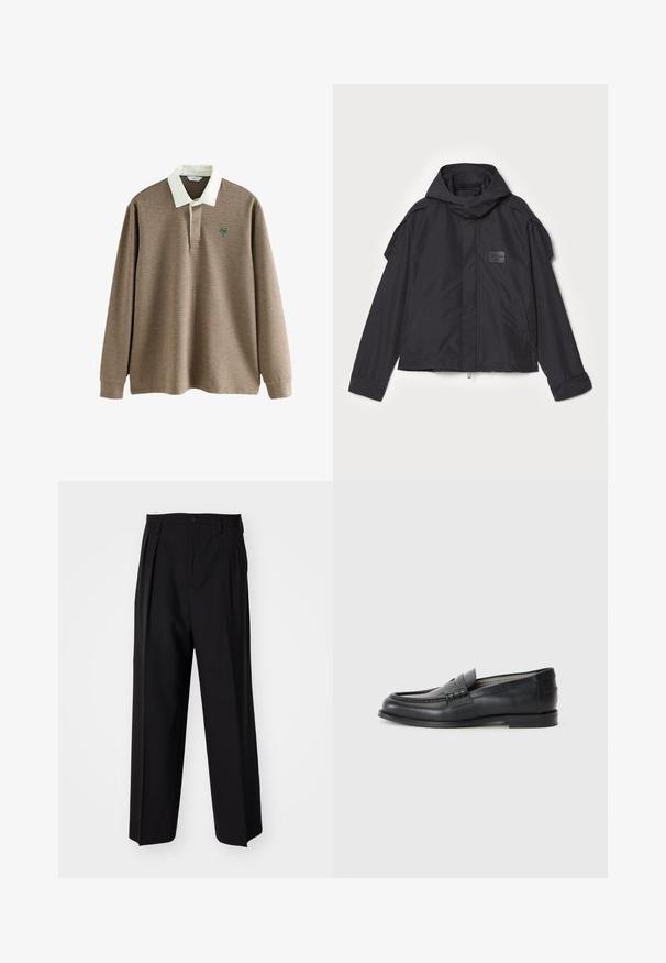 Sort jakke med hætte, lavet af glat stof. Har lynlåslukning foran, sidelommer og skulderdetaljer. Simpel design med et mærke.; Langærmet polo skjorte i brun og creme houndstooth mønster med en hvid krave og et grønt logo på brystet. Blødt stof.; Sorte plisserede bukser med et lige, bred ben-design. Fremstillet af glat stof, med en knaplukning og bæltesløjfer.; Sorte læder loafers med en glat finish, rund tå, dekorativ rem og minimalistisk design. Har en lav blokhæl.