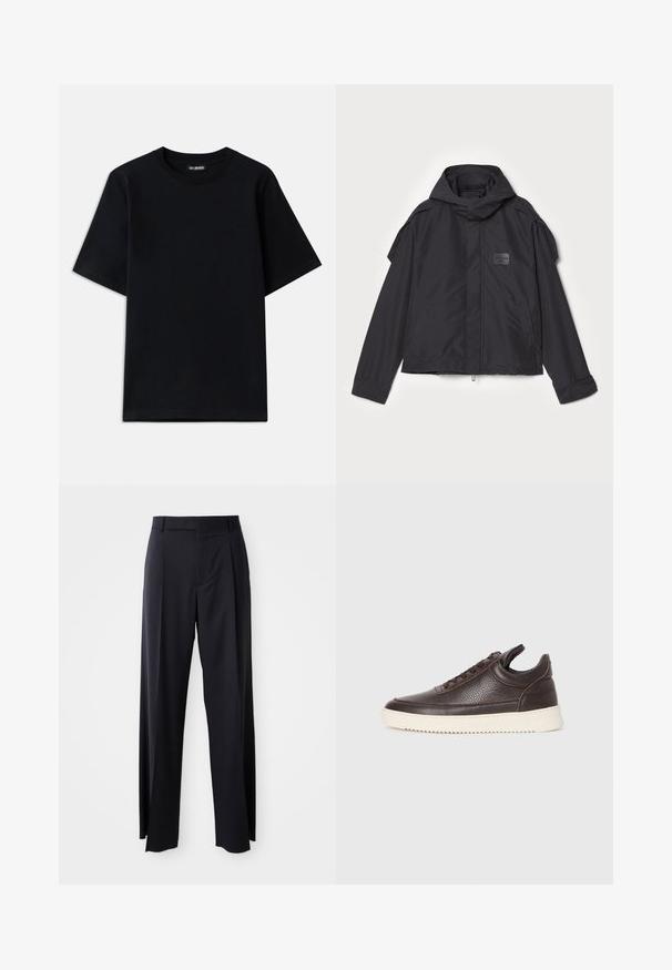 Musthaveheide mustaghuri hoodiga, valge catsosta. Omab esist zip ja külge taskud, õlavarre aksendid. Lihtne disain ja silt.; Must musta T-särk lühikeste varrukatega ja ümar kaelus. Vasakul rinnal on diskreetne logo tikand. Lame ja sile tekstuur.; Mustad, kõrge vöökohtaga püksid laia säärte lõikega, valmistatud siledast kangast. Omab ees plekke ja vöörihmade jaoks silmuseid. Minimalistlik disain, nähtavat riistvara pole.; Tumepruun tekstureeritud nahast sportking, millel on nööpidega esiosa ja valge soonikuga kummitald, heledal ühtlasel taustal.