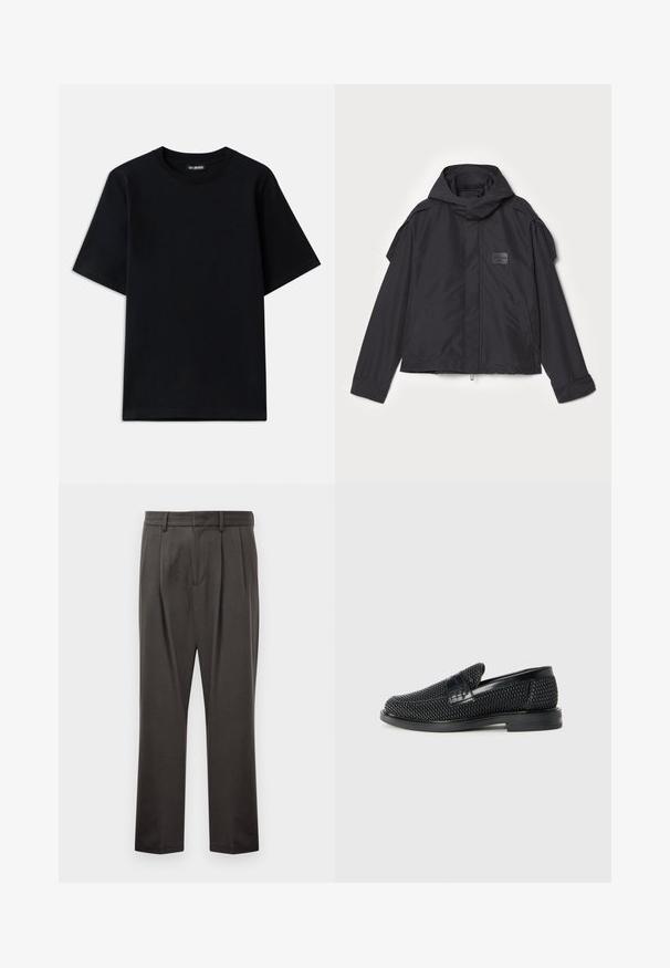 Musthaveheide mustaghuri hoodiga, valge catsosta. Omab esist zip ja külge taskud, õlavarre aksendid. Lihtne disain ja silt.; Must musta T-särk lühikeste varrukatega ja ümar kaelus. Vasakul rinnal on diskreetne logo tikand. Lame ja sile tekstuur.; Tumedashallased püksid, mis on valmistatud tekstuuriga kangast, lame esiosa, voldid, sirged jalad ja vöökohastab. Pole nähtavat riistvara ega mustreid.; Must musta kootud slip-on king, millel on pehme nahast accent ülaserval, ümmargune varvas ja madal profiiliga kummitald.