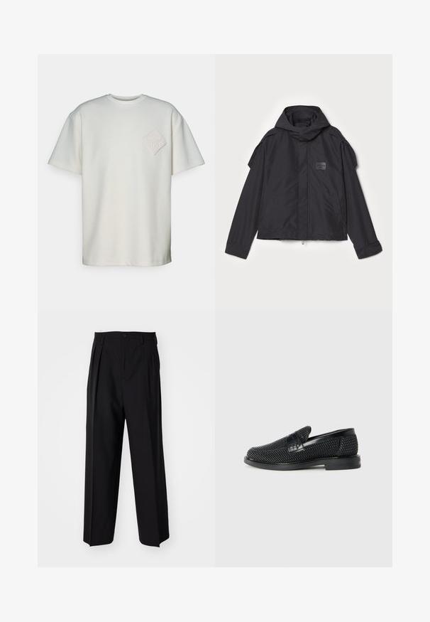 Juodas švarkas su kapišonu, pagamintas iš lygios medžiagos. Yra užtrauktukas priekyje, šoninės kišenės ir pečių akcentai. Paprastas dizainas su etikete.; Trumpas rankovėmis marškinėliai iš kreminio medvilnės, su tekstūruotu deimanto formos aplikacija ir reljefiniu dizainu kairėje krūtinės pusėje.; Juodi klostuoti kelnių, su tiesiu, plačiu kojų dizainu. Pagaminti iš lygios medžiagos, su mygtukų uždarymu ir diržo kilputėmis.; Juodas pintas slip-on tipo batelis su lygiu odiniu akcentu viršuje, apvalios nosies dizainas ir žemas guminis padas.