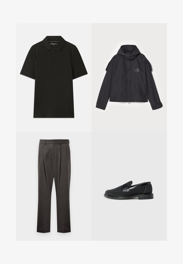 Juodas švarkas su kapišonu, pagamintas iš lygios medžiagos. Yra užtrauktukas priekyje, šoninės kišenės ir pečių akcentai. Paprastas dizainas su etikete.; Juodas polo marškinėlis, pagamintas iš tekstūruoto audinio. Turi trijų mygtukų apykaklę ir standartinę apykaklę. Trumpomis rankovėmis ir tiesiu apvadu.; Tamsiai pilki kelnės, pagamintos iš tekstūruoto audinio, su plokščiu priekiniu pjūviu, klostėmis, tiesiomis kojomis ir diržo kilputėmis. Matomų metalinių detalių ar raštų nėra.; Juodas pintas slip-on tipo batelis su lygiu odiniu akcentu viršuje, apvalios nosies dizainas ir žemas guminis padas.