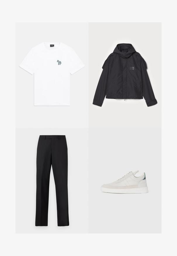 Czarna kurtka z kapturem, wykonana z gładkiego materiału. Posiada zamek z przodu, boczne kieszenie i akcenty na ramionach. Prosty design z metką.; Biała koszulka z krótkim rękawem i okrągłym dekoltem z małym, ciemnym wzorem zebry po lewej stronie klatki piersiowej oraz czarną metką wewnątrz kołnierza.; Czarne spodnie o prostych nogawkach wykonane z gładkiej tkaniny. Posiadają standardowy pas i nie mają widocznych wzorów ani zdobień.; Białe skórzane trampki z szarymi zamszowymi akcentami, sznurowany design, uchwyt oraz teksturowana gumowa podeszwa z wzorem w zygzak.