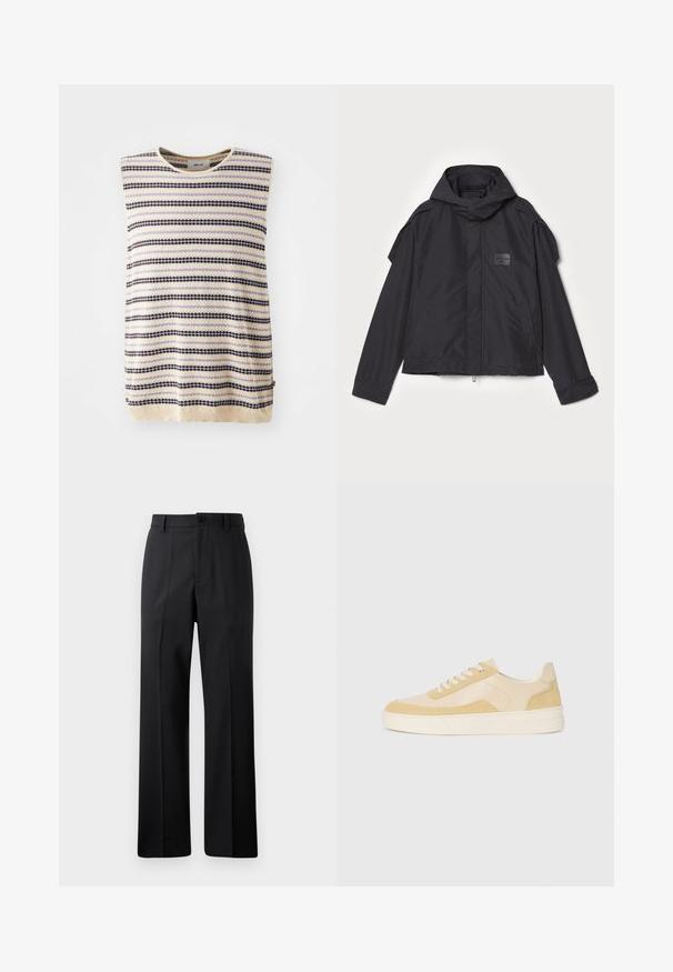 Black jacket with a hood, made of smooth fabric. Features a zip front, side pockets, and shoulder accents. Simple design with a label.; Knit sleeveless top in cream with alternating horizontal stripes of purple, black, and light blue; round neckline and textured fabric.; Black straight-leg trousers with belt loops, front button, and zipper closure, displayed against a plain white background.; Sneakers in light yellow suede and leather, featuring a cushioned sole and stitched accents. Classic lace-up design with a rounded toe.