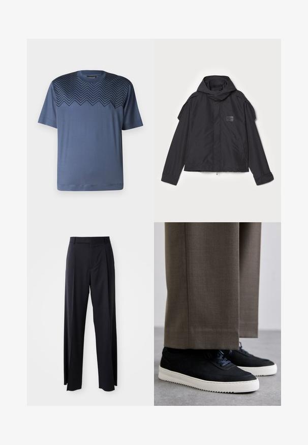 Czarna kurtka z kapturem, wykonana z gładkiego materiału. Posiada zamek z przodu, boczne kieszenie i akcenty na ramionach. Prosty design z metką.; Emporio Armani - T-shirt z nadrukiem; Czarne, wysokie spodnie o szerokim kroju, wykonane z gładkiego materiału. Posiadają zakładki z przodu i paski na pasek. Minimalistyczny design, bez widocznych elementów metalowych.; Czarne zamszowe sneakersy z białymi gumowymi podeszwami, z zaokrąglonym noskiem i sznurówkami, noszone z szarymi dopasowanymi spodniami.