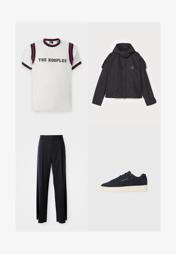 Juodas švarkas su kapišonu, pagamintas iš lygios medžiagos. Yra užtrauktukas priekyje, šoninės kišenės ir pečių akcentai. Paprastas dizainas su etikete.; Balta marškinėliai su apvalia kaklo iškirpte, kuriuose yra mėlynų ir raudonų dryžių akcentų rankovėse, o ant priekinės dalies išsiuvinėtas „THE KOOPLES" bold šriftu.; Juodi, aukštai užtraukiami kelnių modeliai su plačiomis kojomis, pagaminti iš lygaus audinio. Yra priekiniai raukšlės ir diržo kilpos. Minimalistinio dizaino, be matomų detalių.; Tamsiai mėlynos zomšos žemos batai su balta siaura, tamsiai mėlynais raišteliais ir auksiniu logotipu „Filling Pieces“ šone.