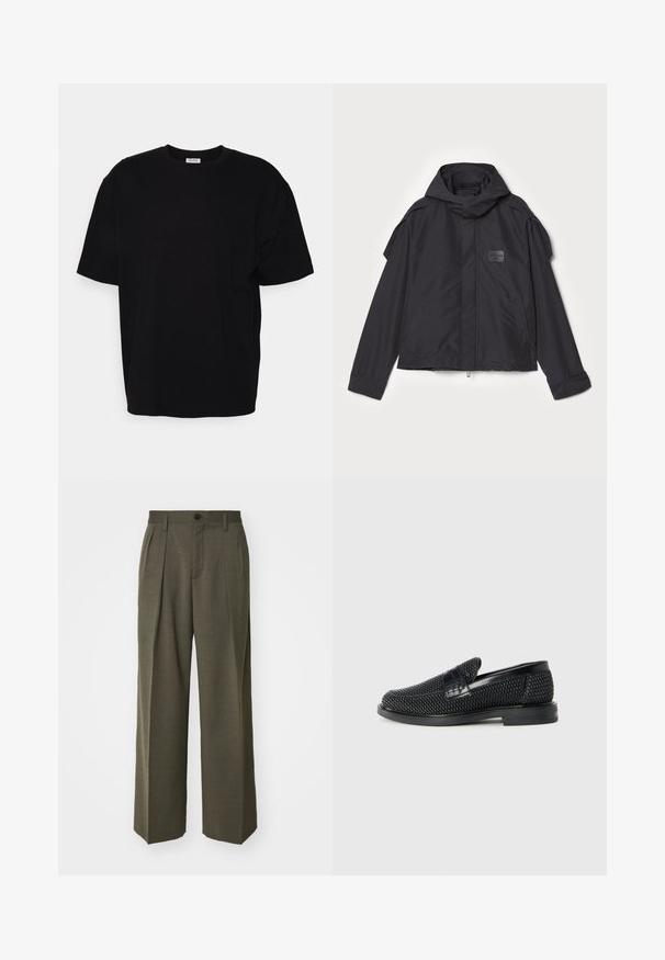 Juodas švarkas su kapišonu, pagamintas iš lygios medžiagos. Yra užtrauktukas priekyje, šoninės kišenės ir pečių akcentai. Paprastas dizainas su etikete.; Juodas medvilnės marškinėliai trumpomis rankovėmis, apvalia iškirpte, laisvu siluetu ir be matomų raštų ar detalizacijos. Lygus tekstūros paviršius.; Filippa K WIDE TROUSERS - Kelnės - driftwood; Juodas pintas slip-on tipo batelis su lygiu odiniu akcentu viršuje, apvalios nosies dizainas ir žemas guminis padas.