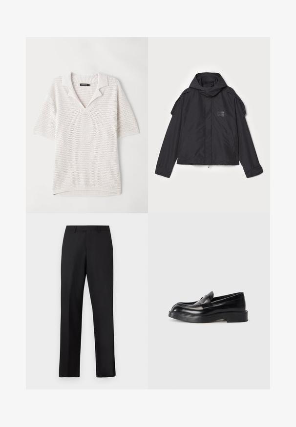 Schwarze Jacke mit Kapuze, aus glattem Stoff. Verfügt über einen Reißverschluss vorne, seitliche Taschen und Schulterakzente. Einfaches Design mit einem Etikett.; Kurze Ärmel, leichtes gestricktes Polo in Cremeweiß mit strukturiertem Muster, geripptem Kragen und Saumdetails. Entworfen für atmungsaktiven Komfort.; Schwarze, gerade geschnittene Hose aus glattem Stoff. Verfügt über einen normalen Bund und keine sichtbaren Muster oder Akzente.; Schwarze Lederloafers mit abgerundetem Zehenbereich, einem gesteppten Design auf dem Obermaterial und einer dicken Gummisohle. Glatte Textur mit minimalen Akzenten.