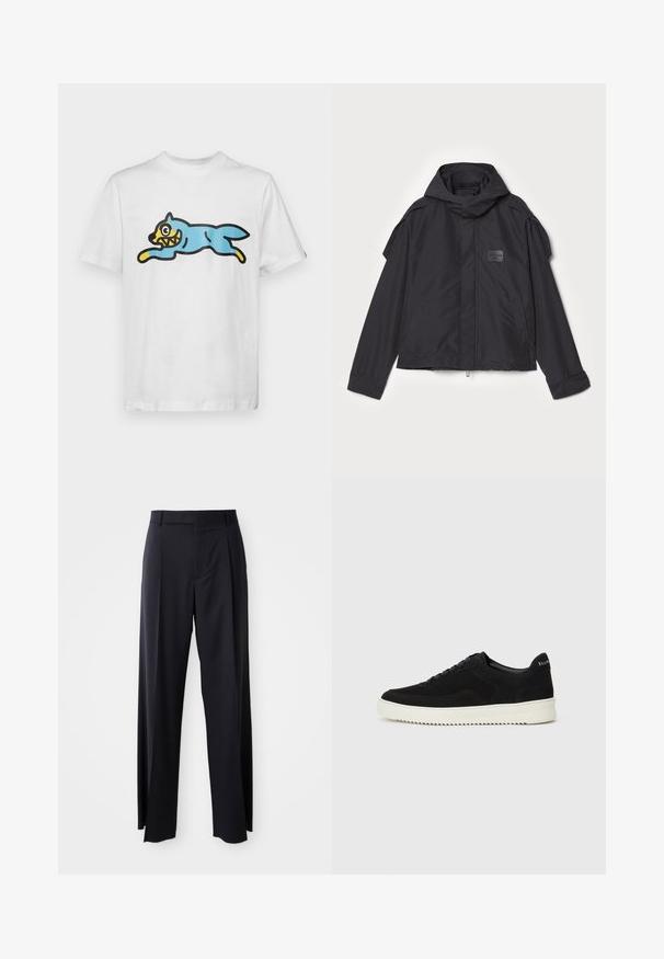 Black jacket with a hood, made of smooth fabric. Features a zip front, side pockets, and shoulder accents. Simple design with a label.; White cotton t-shirt featuring a blue, cartoon-style cat with a yellow face and sharp teeth, positioned in a leaping posture.; Black, high-waisted trousers with a wide-leg cut, made of smooth fabric. Features front pleats and belt loops. Minimalistic design, no visible hardware.; Black suede sneaker with lace-up design and contrasting white rubber sole. Features textured side panels and subtle branding on the heel.