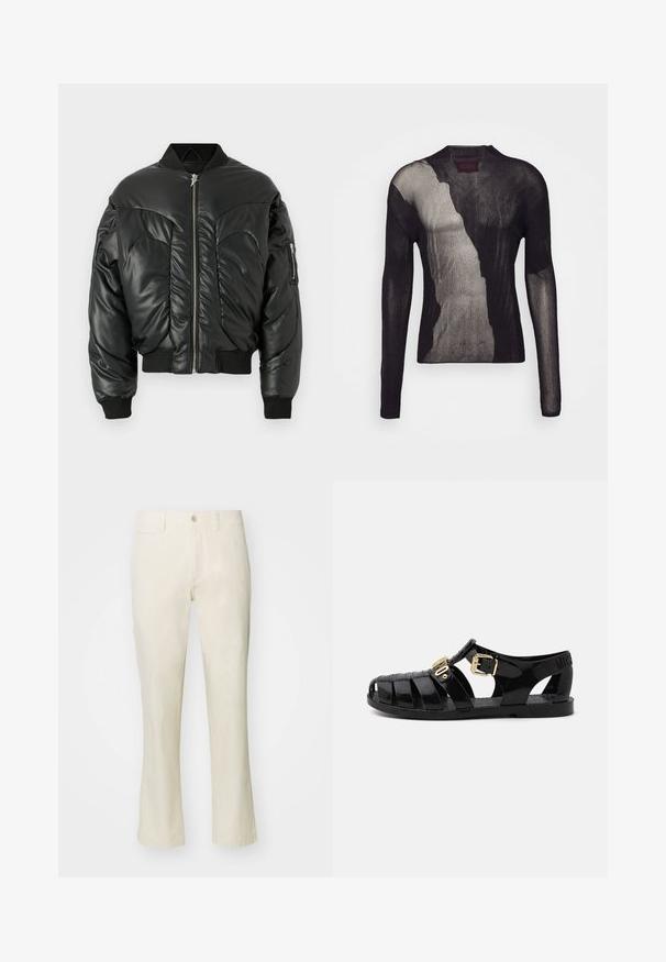 Schwarze gepolsterte Bomberjacke mit hohem Kragen, Reißverschluss, gerippten Ärmelbündchen und seitlichen Taschen, ausgestattet mit einer glatten Lederoberfläche und geschwungenen Nahtdetails.; Schwarzes Langarmoberteil aus durchscheinendem, strukturiertem Strickstoff. Mit einem Farbverlaufsmuster, rundem Ausschnitt und einer figurnahen Silhouette.; Beige Baumwollhose mit geradem Bein, ausgestattet mit einem Knopfverschluss und einer Seitentasche. Glatte Textur und schlichtes Design.; Schwarze Gummisandalen mit Lochdesign, ausgestattet mit einem goldenen Schnallenverschluss und einer strukturierten Innensohle. Gestempeltes Logo an der Ferse.