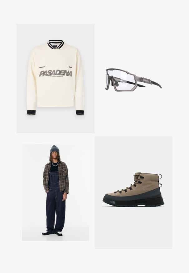 Sort polstret bomberjakke med høj krave, lynlås, ribbede manchetter og sidelomme, der har en glat lædertekstur og buet sømdetaljering.; Hvid sweatshirt med sorte detaljer, der har en ribbet krave og manchetter. Foran står "PASADENA" i fed, stiliseret tekst.; Mørkeblå denim overalls med sidelommer, båret med en sort skjorte og en brun ternet skjorte. Grå strikket beanie og kontrasterende sko.; Tan og sort vandrestøvle med snørebånd, holdbart overmateriale og tekstureret sål for godt greb på forskellige terræner.; Grå sporty solbriller med semi-rimless design, gennemsigtige linser og strukturerede, gummierede tempelmancheter. Har logo på siden.