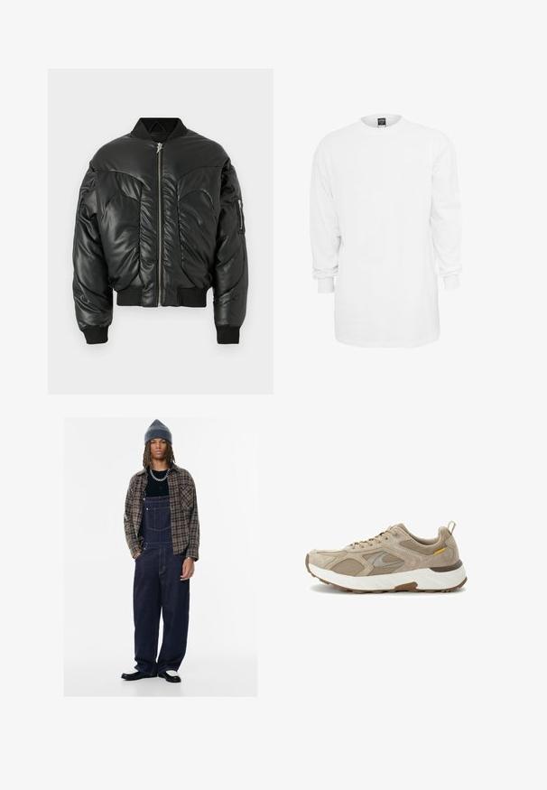 Giacca bomber nera imbottita con colletto alto, chiusura con zip, polsini a costine e tasche laterali, che presenta una texture in pelle liscia e dettagli di cuciture curve.; Maglietta a maniche lunghe bianca in cotone con scollo rotondo, vestibilità ampia e polsini a costine. Design semplice, senza grafiche o motivi.; Pettorina in denim di colore blu scuro con tasche laterali, indossata con una maglietta nera e una camicia a quadri marrone. Berretto lavorato a maglia grigio e scarpe a contrasto.; Scarpa da corsa beige che presenta una combinazione di materiali in suede e mesh, colletto imbottito e una suola intermedia bianca con suola esterna marrone texturizzata.