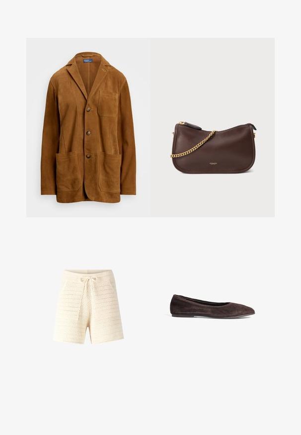 Blazer de ante marrón con solapa muesca, tres botones y dos grandes bolsillos frontales. Presenta detalles de costura y un bolsillo en el pecho.; Camiseta de algodón blanca con mangas cortas y escote redondo. Presenta un corte relajado y un diseño minimalista sin patrones ni acentos.; Pantalones cortos de punto color crema con una textura de tejido abierto. Presentan una cintura con cordón y dos bolsillos frontales. Diseño casual, ajuste de longitud media.; Bailarina de ante marrón con punta afilada y perfil bajo. Presenta una textura suave y un diseño minimalista. Sin hardware visible ni acentos.; Bolso de mano de cuero marrón con forma curvada, cuenta con una correa de cadena dorada y un cierre con cremallera. Logotipo en relieve en la parte frontal. Textura suave.