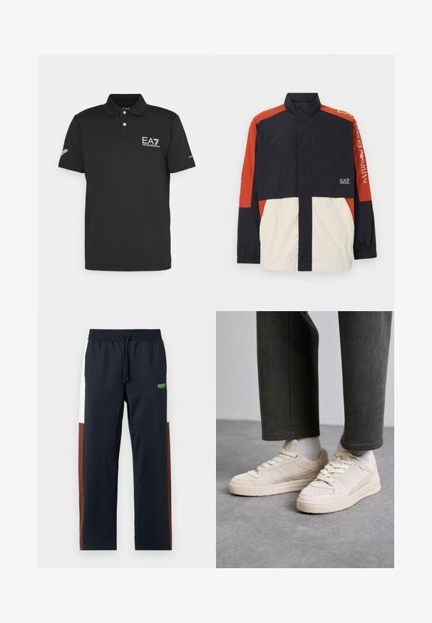 Vetrovka s farebným blokovaním v čiernej, červenej a krémovej farbe. Má vysoký golier, elastické manžety a logo na rukávoch.; Čierna polo košeľa z hladkej látky, s dvoma gombíkmi na zapínanie, logom EA7 na hrudi a odvetraným dizajnom na rukáve.; Námornícke modré tepláky s bielymi a hnedými bočnými panelmi, elastický pás, sťahovanie a zelené logo na boku. Mäkko a hladký materiál.; Béžové tenisky vyrobené z kožešiny a sieťoviny, s perforovanými akcentmi, plochými šnúrkami a hrubou podrážkou. Nosené s zelenými kordovým nohavicami.