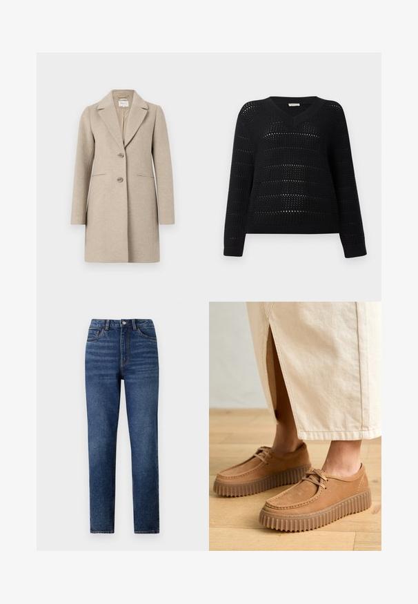 Manteau en mélange de laine beige avec une silhouette ajustée, revers cranté, fermeture à deux boutons et poches latérales. Texture lisse, design minimaliste.; TOM TAILOR DENIM V NECK - Pullover - deep black; Jeans en denim bleu taille haute avec une coupe droite, présentant un léger délavage, une fermeture à un bouton et un design à cinq poches.; Chaussures en cuir tan avec une surface texturée, bout rond et semelles épaisses à cannelures. Les lacets et les détails de couture rehaussent le design.