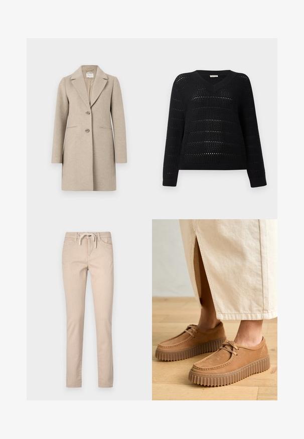 Bežový vlnený kabát s prispôsobeným strihom, klopovým golierom, dvoma gombíkmi a bočnými vreckami. Hladká textúra, minimalistický dizajn.; TOM TAILOR DENIM V NECK - Svetrík - deep black; Béžové pruhované bavlnené nohavice so sťahovacím pásom, zúženými nohavicami a dvoma prednými vreckami. Hladká textúra, voľnočasový dizajn.; Svetlé kožené topánky s textúrovaným povrchom, okrúhlou špičkou a hrubými, zúbkovanými podrážkami. Šnúrky a detaily šitia zvýrazňujú dizajn.