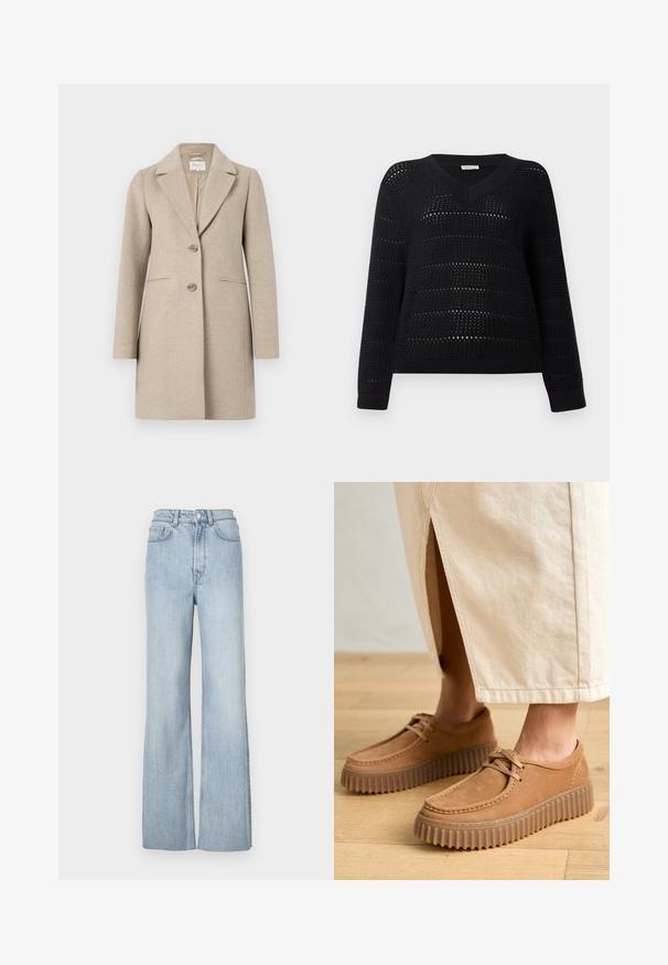 Abrigo de mezcla de lana beige con una silueta ajustada, solapa con muesca, cierre de dos botones y bolsillos laterales. Textura suave, diseño minimalista.; TOM TAILOR DENIM V NECK - Jersey de punto - deep black; Vaqueros de mezclilla azules claros de corte acampanado con cintura alta, que cuentan con bolsillos frontales y un sutil detalle de costura a lo largo de las piernas.; Zapatos de cuero marrón claro con una superficie texturada, puntera redonda y suelas gruesas y estriadas. Los cordones y los detalles de costura realzan el diseño.