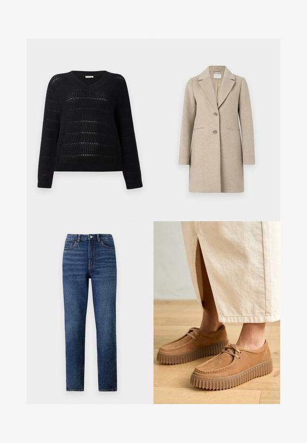 Bežs vilnas maisījuma mētelis ar pielāgotu siluetu, ar ieliektu apkakli, divu pogu aizdari un sānu kabatām. Gluda tekstūra, minimālists dizains.; TOM TAILOR DENIM V NECK - Džemperis - deep black; Augstās jostasvietas zila džinsinga bikses ar taisnu kāju, ar smalku izbalējumu, vienu pogu aizdari un piecu kabatu dizainu.; Brūni ādas apavi ar teksturētu virsmu, apaļu purngalu un bieziem, rievotiem zoliem. Šnīres un šuvju detaļas papildina dizainu.