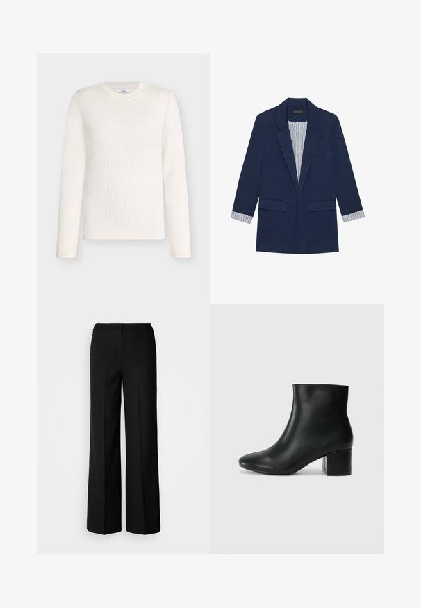 Mørkeblå blazer med spiss revers, to frontlommer med klaff og stripete fôr synlig ved mansjettene og på innsiden av fronten.; Ribbestrikket genser med lange ermer i off-white, med rund hals og diskrete teksturmønstre over hele genseren.; Svarte vide bukser med et glatt stoff, med høy livvidde, skreddersydde sømmer og et minimalistisk design. Ingen synlig maskinvare eller lommer.; Sorte skinn ankelsko med spiss tå og chunky hæl. Glatt tekstur med minimale detaljer og et elegant, tettsittende design.