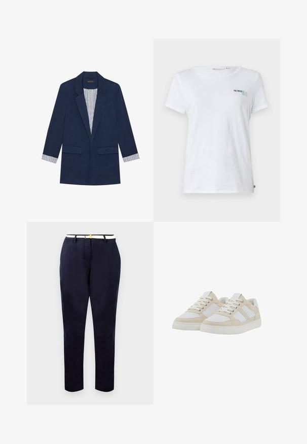Mornarsko modra blejzerica z zareznimi reverji, dvema sprednjima žepoma z poklopcem in črtastim podlogom, ki je vidna na manšetah in znotraj sprednjega dela.; Bela bombažna majica s kratkimi rokavi, ki na levem prsnem delu vsebuje vezenino "SUMMER CLUB" v teal in zeleni barvi. Klasičen okrogli ovratnik.; Modri chinos z oprijetim krojem, bombažno blago in bel pas z zlatim sponko. Gladka tekstura, ravna hlačnica, minimalističen dizajn.; Bež in bela teniska obutev z teksturiranim zgornjim delom, vezalkami in oblazinjenim ovratnikom. Ima tri bele stranske črte in gumijast podplat.