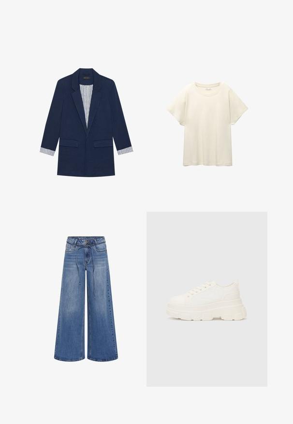 Mornarsko modra blejzerica z zareznimi reverji, dvema sprednjima žepoma z poklopcem in črtastim podlogom, ki je vidna na manšetah in znotraj sprednjega dela.; Svetlo bež kratkosleeven majica s okroglim ovratnikom, izdelana iz mehke, gladke tkanine. Ima sproščen kroj in raven rob.; My Essential Wardrobe MID WIDE - Kavbojke na trapez - medium blue wash; Bela platnena teniska z debelim podplatom, okroglo konico in petimi luknjicami za vezalke. Zadaj je dodana zanka za enostavno obuvanje. Gladka tekstura, minimalistična zasnova.