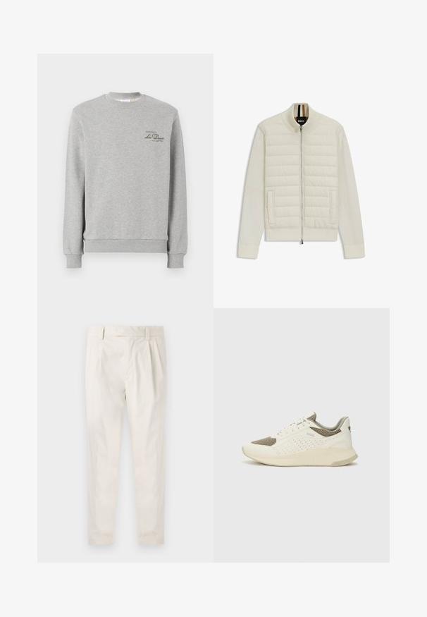 Light cream bomber jacket with quilted upper panel and soft sleeves. Features a front zipper, side pockets, and ribbed cuffs and collar.; Gray sweatshirt made of soft cotton blend, featuring a crew neck, ribbed cuffs, and a small dark green logo on the chest.; White, pleated trousers with a tailored fit, featuring a smooth texture, belt loops, and tapered legs. No visible pockets or patterns.; White and light beige athletic sneaker, featuring a mesh upper, perforated detailing, and a textured midsole with branding on the heel.