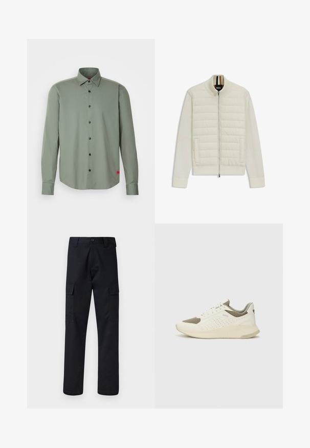 Lys cremefarvet bomberjakke med quiltet overdel og bløde ærmer. Har en frontlynlås, sidelommer og ribkantede manchetter og krave.; Knap-shirt i olivengrøn, lavet af glat stof. Har lange ærmer, sorte knapper og et lille rødt mærke på kanten.; Sorte cargo bukser lavet af robust stof, med en lige benklipp, to sidelommer og en knaplukning i taljen.; Hvide og lyse beige sportssko med en mesh-overdel, perforerede detaljer og en tekstureret mellemsål med branding på hælen.