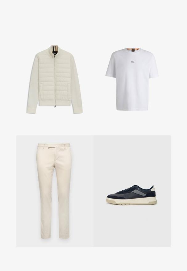 Lichtcrèmekleurige bomberjack met een gequilt bovenpaneel en zachte mouwen. Voorzien van een rits aan de voorkant, zijzakken en ribgebreide mouwen en kraag.; Witte katoenen T-shirt met korte mouwen, voorzien van een zwart "BOSS"-logo in het midden van de borst en een ronde halsontwerp.; Beige op maat gemaakte broek van gladde stof. Slim-fit ontwerp met een platte voorkant en zijzakken. Minimalistische stijl zonder versieringen.; BOSS BALTIMORE - Sneakers laag - open blue