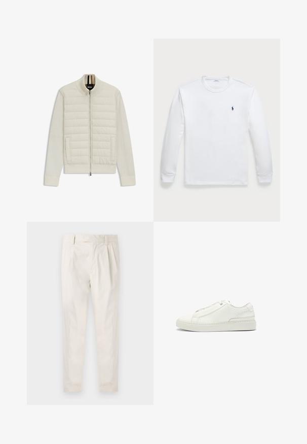Light cream bomber jacket with quilted upper panel and soft sleeves. Features a front zipper, side pockets, and ribbed cuffs and collar.; Long-sleeve white T-shirt made of cotton, featuring a crew neckline and a small navy logo on the left chest. Smooth texture, simple design.; White, pleated trousers with a tailored fit, featuring a smooth texture, belt loops, and tapered legs. No visible pockets or patterns.; White leather sneaker featuring a textured upper, a round toe, minimalistic design, and a rubber sole with stitched detailing.