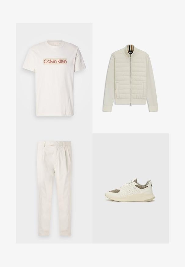 Light cream bomber jacket with quilted upper panel and soft sleeves. Features a front zipper, side pockets, and ribbed cuffs and collar.; White cotton t-shirt featuring a square logo with "Calvin Klein" in red and beige. Short sleeves and a round neck design.; White, pleated trousers with a tailored fit, featuring a smooth texture, belt loops, and tapered legs. No visible pockets or patterns.; White and light beige athletic sneaker, featuring a mesh upper, perforated detailing, and a textured midsole with branding on the heel.