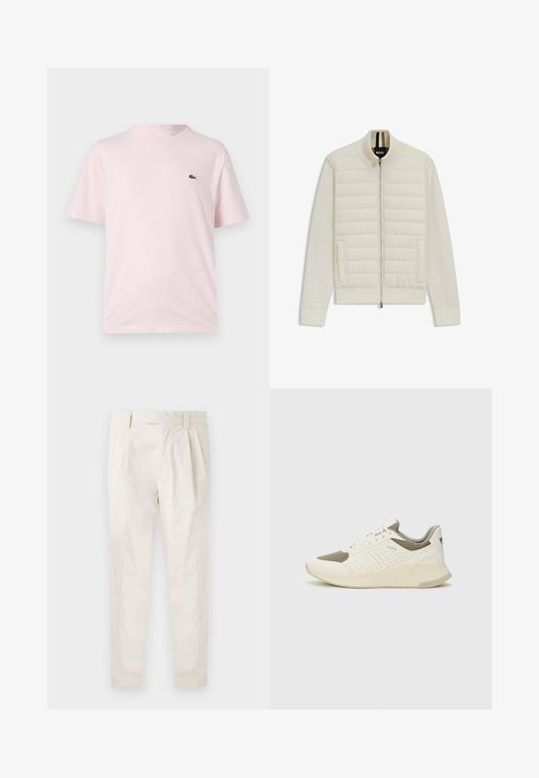 Helle Creme Bomberjacke mit gestepptem oberen Teil und weichen Ärmeln. Ausgestattet mit einem Frontreißverschluss, Seitentaschen sowie gerippten Bündchen und Kragen.; Helles rosa Baumwoll-T-Shirt mit kurzen Ärmeln. Enthält ein kleines grünes gesticktes Logo auf der linken Brust. Rundhalsausschnitt-Design.; Weiße, plissierte Hose mit taillierten Schnitt, die eine glatte Textur, Gürtelschlaufen und schmal zulaufende Beine aufweist. Keine sichtbaren Taschen oder Muster.; Weiße und hellbeige Sport Sneakers, ausgestattet mit einem Obermaterial aus Netzgewebe, perforierten Details und einer strukturierten Zwischensohle mit Branding an der Ferse.
