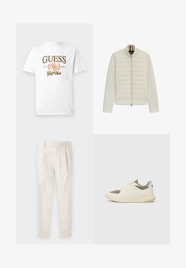 Light cream bomber jacket with quilted upper panel and soft sleeves. Features a front zipper, side pockets, and ribbed cuffs and collar.; White cotton t-shirt featuring orange "GUESS Golf Club" graphic with laurel accents and establishment year 1981. Standard crew neck design.; White, pleated trousers with a tailored fit, featuring a smooth texture, belt loops, and tapered legs. No visible pockets or patterns.; White and light beige athletic sneaker, featuring a mesh upper, perforated detailing, and a textured midsole with branding on the heel.