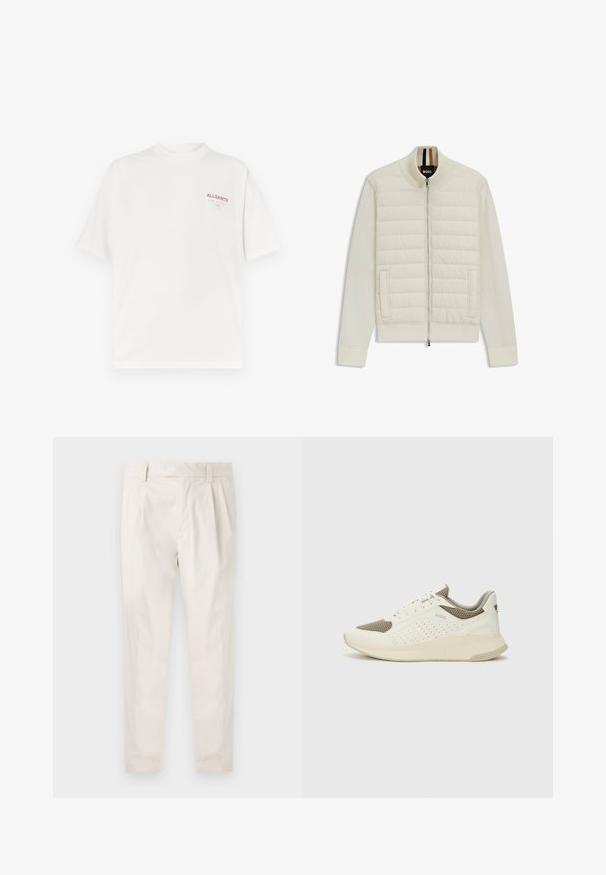 Lys cremefarvet bomberjakke med quiltet overdel og bløde ærmer. Har en frontlynlås, sidelommer og ribkantede manchetter og krave.; Hvid bomulds t-shirt med rund hals, korte ærmer og et rødt logo på venstre bryst, med en glat tekstur og afslappet pasform.; Hvide, plisserede bukser med en skræddersyet pasform, der har en glat overflade, bæltestropper og smalnede ben. Ingen synlige lommer eller mønstre.; Hvide og lyse beige sportssko med en mesh-overdel, perforerede detaljer og en tekstureret mellemsål med branding på hælen.